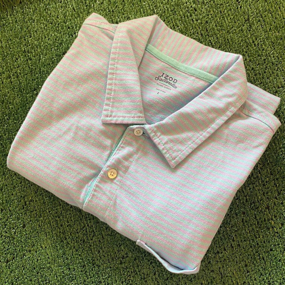 Izod Saltwater Men's Performance Golf Shirt Pink / Blue Striped Size Large